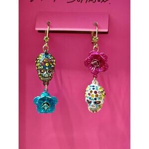 Betsey Johnson Multi-Color Crystal Sugar Skull & Rose Flower Mismatched Earrings
